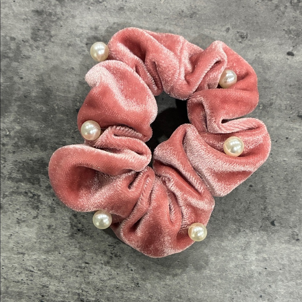 Velvet Pink Scrunchie with Pearls